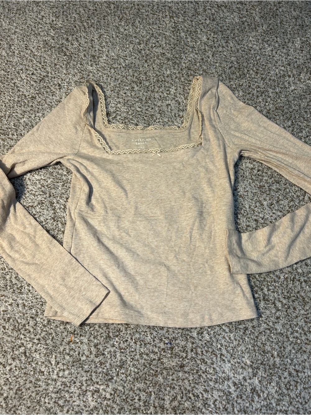 American Eagle Outfitters Cream Ribbed Long Sleeve Square Neck Top - Picture 1 of 2